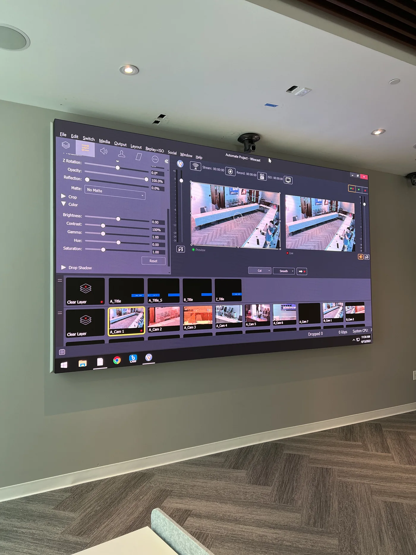 Display showing AV control and source testing interface