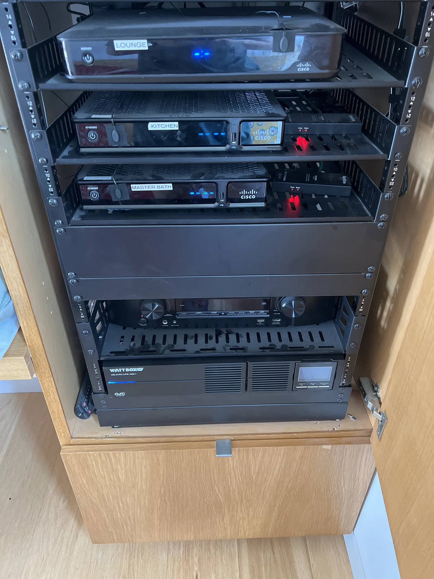 Close-up of rack-mounted control and AV equipment