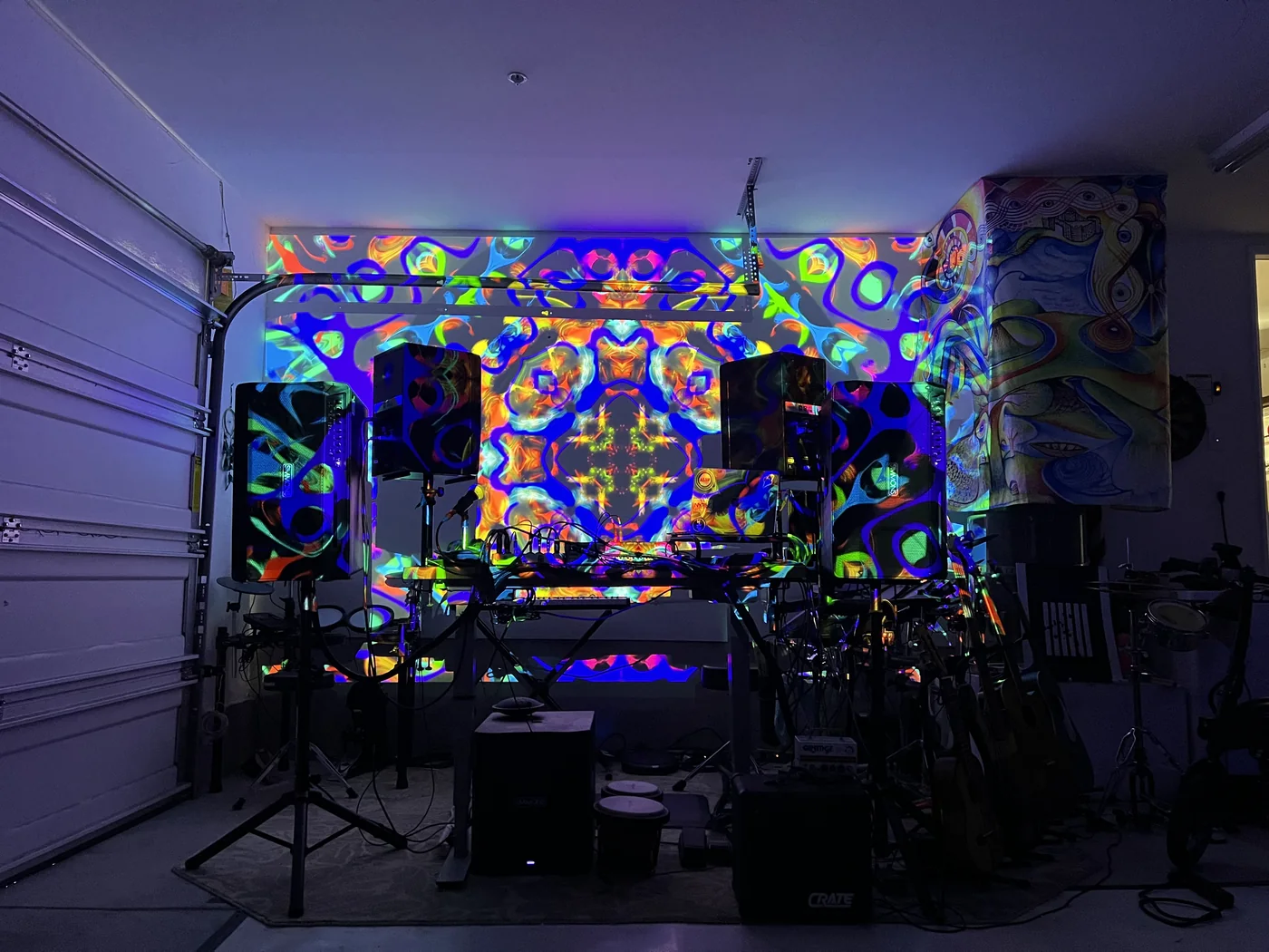Live visual and audio setup with projected lighting