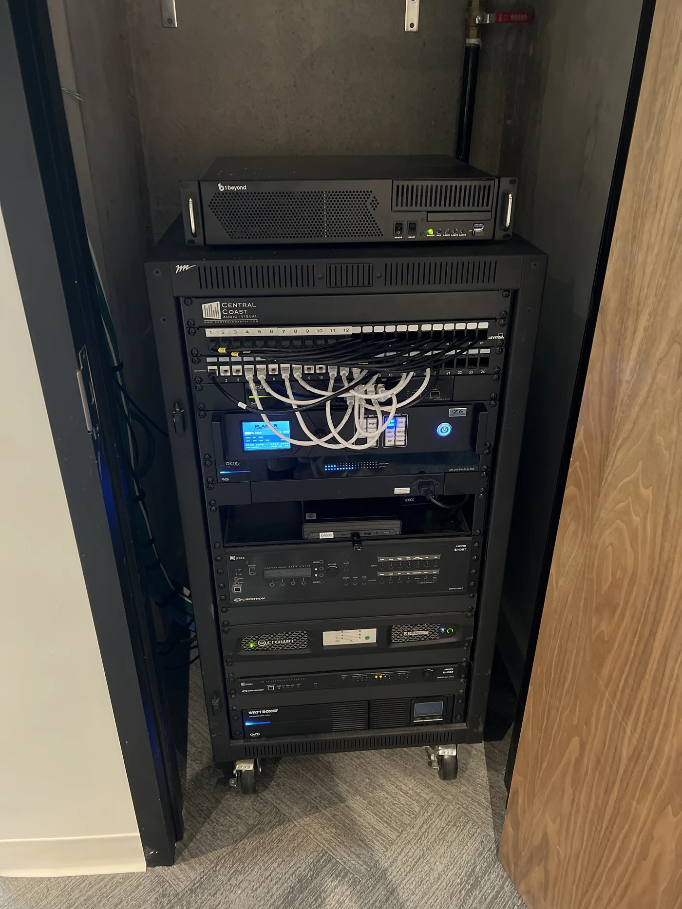 Mobile equipment rack with AV and network hardware